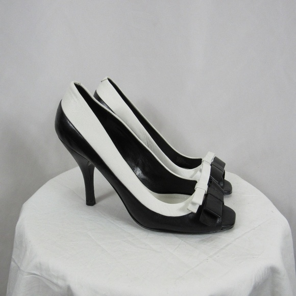 BCBG Shoes - BCBG White Black Peep Toe Pumps High Heels Bow